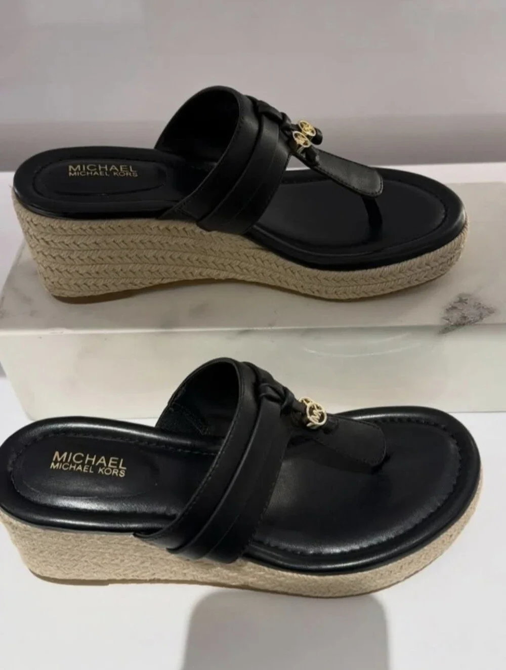 MICHAEL Michael Kors Black Wedge Espadrille Thong Sandals
